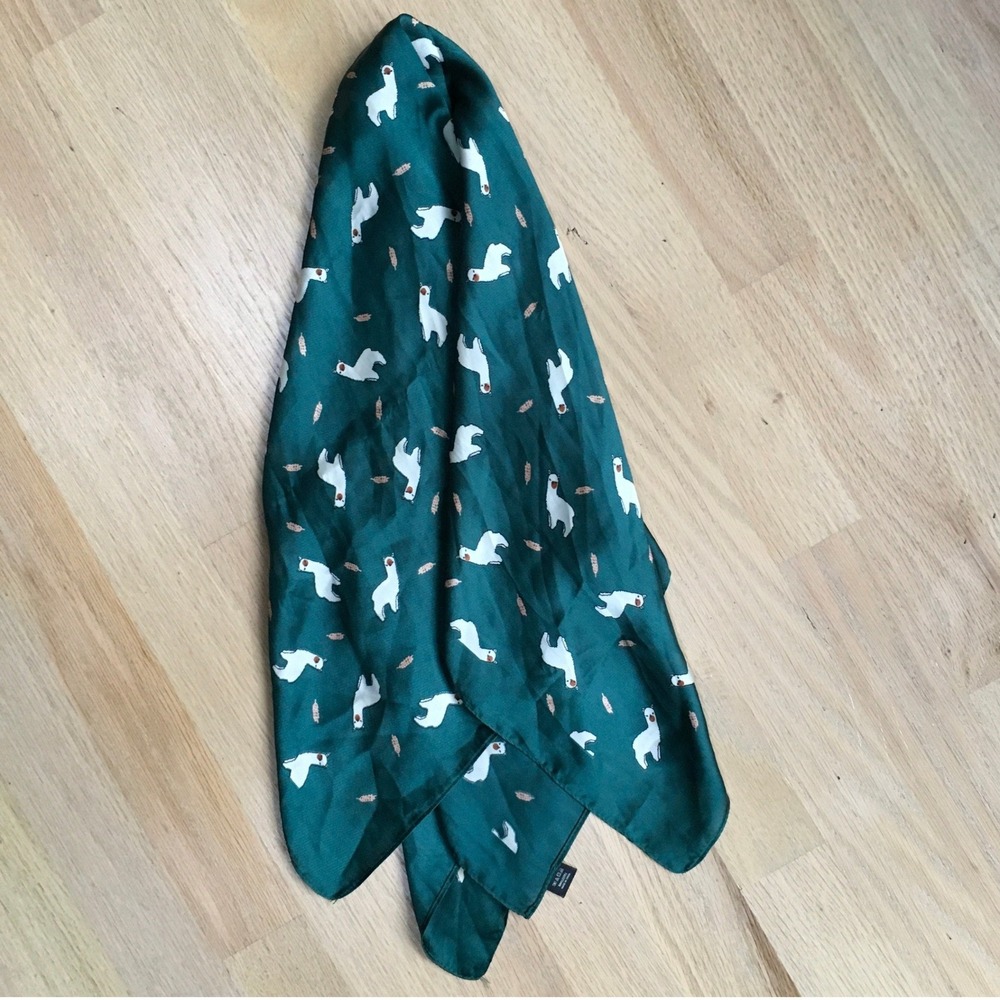 Green Llama Print Square Scarf Teal Animal Pattern Satin Feel Neck Head Scarf
